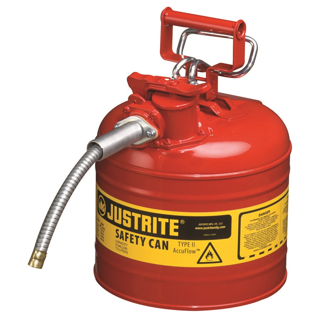 Red Made In USA Justrite 7220120 Safety Can 2-Gallon with 5/8" Flexible Spout 