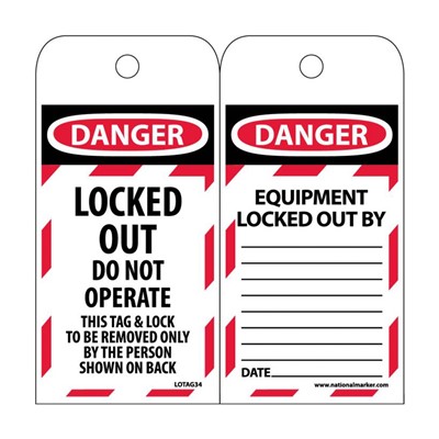 NMC Lockout Tags - Danger Locked Out Do Not Operate LOTAG34ST100