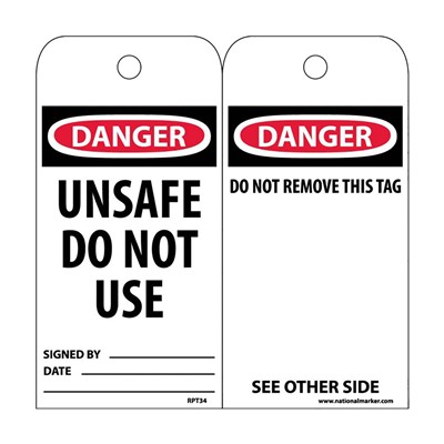 NMC EZ Pull Lockout Tags - Danger Unsafe Do Not Use RPT34ST100
