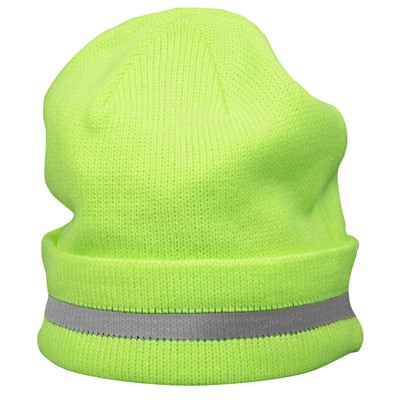 Hi Vis Lime Yellow Knit Winter Hat with Reflective Trim