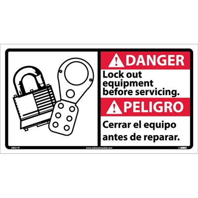 NMC 10x18 Bilingual Danger Sign - Lock Out Equipment Before Servicing