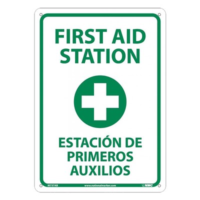 NMC 14"x10" Bilingual Sign - First Aid Station Rigid Plastic Sign