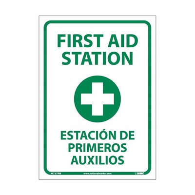 NMC 14"x10" Bilingual Sign - First Aid Station Adhesive Back Sign