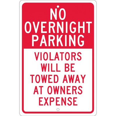 18x12 Aluminum No Overnight Parking Violators Will Be Towed Sign