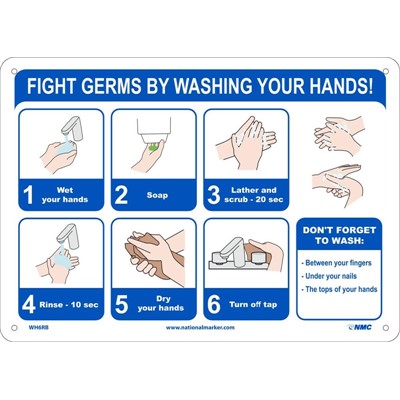 10"x14" Plastic Sign - Fight Germs By Washing Your Hands WH6RB